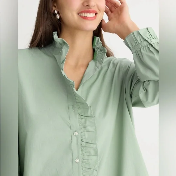 NWT J. Crew Cottage Shirt Dress in Cotton Poplin Green Long Sleeve Mini Womens 0 - Picture 2 of 6